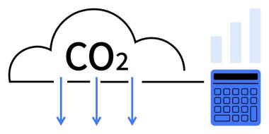 Karbondioksit bulutun içinde vurgulanmış, mavi oklar azalmayı gösteriyor, hesap makinesi de analitiği gösteriyor. Karbon izleme, sürdürülebilirlik, çevre, veri analizi, ekolojik bilinç için ideal