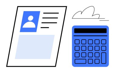 Profil detaylarını içeren sayfaya mavi hesap makinesi ve minimalist bulutun yanında devam et. İstihdam, finans, askere alma, kariyer planlama, bütçe, eğitim, insan kaynakları araçları için ideal. Düz basit metafor
