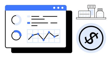 Veri paneli, ilaç şişeleri ve dolar işaretli grafikleri, grafikleri ve ölçümleri gösteriyor. Sağlık, maliyet analizi, eczacılık, bütçe ve araştırma stratejileri için ideal. Düz