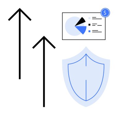 Büyümeyi simgeleyen oklar, korunmayı, pasta grafiğini ve analiz için finansal verileri simgeliyor. Finans, büyüme, başarı, güvenlik, yatırım veri koruma risk yönetimi için idealdir. Düz