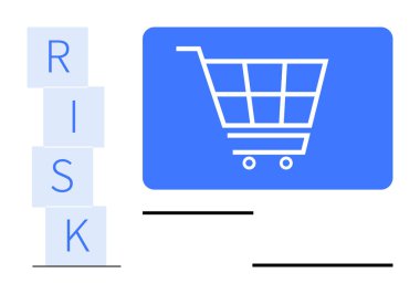 RİSK harf bloklarının yanındaki alışveriş arabası ekranda. İş için ideal, e-ticaret, risk değerlendirmesi, çevrimiçi alışveriş güvenliği, karar verme mekanizması, strateji, düz basit metafor