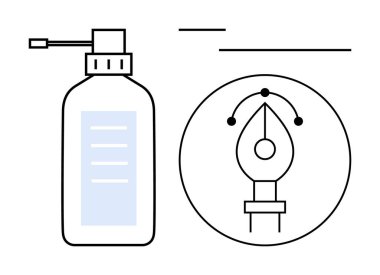 Kalem aleti simgesinin yanında sprey şişesi tasarım, hijyen ve hassasiyeti simgeler. Yaratıcılık, temizlik, düzenleme, hijyen, tasarım dijital araçları ve minimalist kavramlar için idealdir. Düz basit