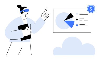 Sanal gerçeklik gözlüğü takan iş kadını, bulut grafiğinin üzerine yerleştirilmiş turta grafikleri ve listeleri gösteren bir tabloyla etkileşime geçiyor. Veri analizi, finans, teknolojik gelişme ve bulut hesaplama için ideal