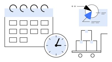 Takvim, saat, analitik içeren pasta tablosu ve zamanlamayı, zaman yönetimini ve lojistik süreçleri temsil eden kutular. Üretkenlik, teslim tarihleri, proje yönetim tedarik zinciri için ideal
