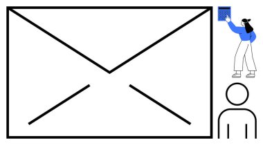 Büyük bir zarf, iletişim ve organizasyonu temsil eden bir nesneyi cihaza yerleştiren bir figürün yanına yerleştirilmiş. E- posta, mesajlaşma, dijital etkileşim, belge yönetimi, takım çalışması için ideal