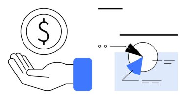 Turta grafiğinin yanında el ele tutuşma parası, oklar ve veri çizgileri, finansman, analitik ve stratejiyi vurguluyor. Finans, yatırım, veri, strateji, ekonomi sektörü için ideal