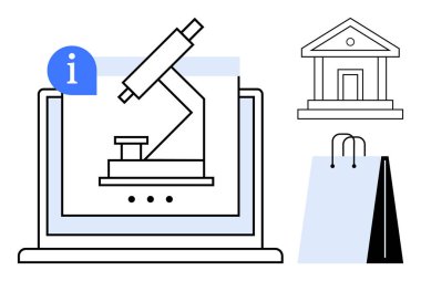 Mikroskoplu dizüstü bilgisayar, banka binası ve alışveriş çantası teknoloji, eğitim, e-ticaret ve finans anlamına geliyor. Araştırma, öğrenme, çevrimiçi ticaret bankacılığı yeniliği için ideal e-öğrenme