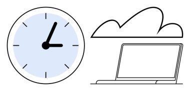 Bulutların altındaki bir dizüstü bilgisayarın yanındaki duvar saati teknolojiyi, zaman takibini ve bulut çözümlerini sembolize ediyor. Üretkenlik, uzaktan çalışma, verimlilik, zamanlama, teknolojik optimizasyon, planlama için ideal