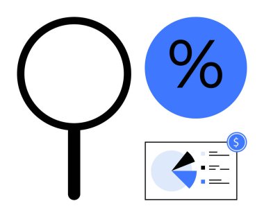 Araştırma için büyüteç, mavi yüzde ikonu ve dolar işaretli finansal pasta grafiği. Analiz, finans, iş, piyasa araştırması, bütçe, istatistik raporlama dairesi için ideal