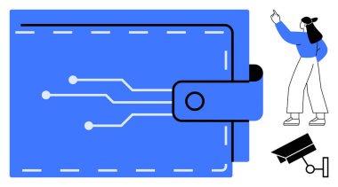 Devre çizgileri olan elektronik cüzdan, yukarıya bakan ayakta duran bir kadın ve bir güvenlik kamerası. Finans, teknoloji, güvenlik, yenilik, gizlilik fintech dijital dönüşüm için idealdir. Düz