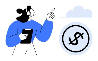 Kulaklık takmış elinde bir pano, bulut ve dolar işaretini işaret ediyor. Destek, finansal tavsiye, bulut teknolojisi, çevrimiçi ödeme, müşteri etkileşimi, hizmet yönetimi, daire