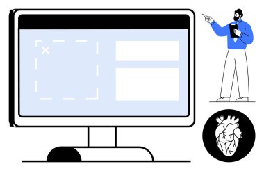 Metin tutucular, sunucu konsepti işaret eden ve açıklayan siyah anatomik kalp grafiği ile geniş çerçeveli görüntüleme monitörü. Tıbbi teknoloji, eğitim, sağlık, tasarım ve anatomi için ideal