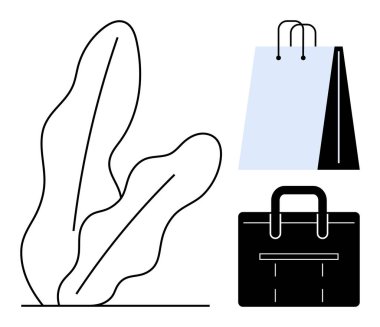 Alışveriş çantası, profesyonel evrak çantası ve botanik yaprağı vurgulama işi, alışveriş, büyüme, profesyonellik, iş hayatı dengesi, doğa ve minimalizm. Perakende şirket temaları için ideal