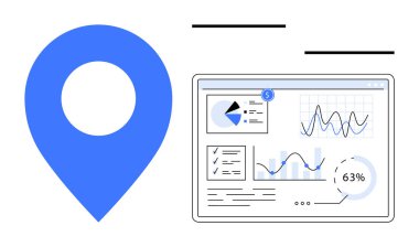 Çizelgeler, grafikler ve finansal istatistiklerin bulunduğu bir veri panelinin yanında mavi konum belirleyicisi. Navigasyon, analitik, iş büyümesi, ölçüler, performans takibi, düz rapor etmek için ideal