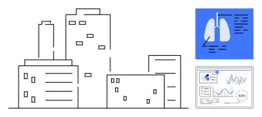 Şehir binalarının yanı sıra sanal bir arayüz üzerinde akciğer sağlığı verilerini ve analizlerini vurgulayan bir grafik. Sağlık hizmetleri, kentsel çalışmalar, kirlilik, tıbbi araştırma, veri analizi, halk sağlığı için ideal