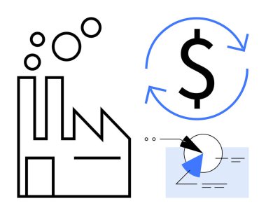 Duman yayan fabrika, ekonomik akışı sembolize eden yuvarlak oklarla dolar işareti ve grafik veri noktaları. Sanayi, ekonomi, finans, sürdürülebilirlik, yönetim, iş stratejisi dairesi için ideal