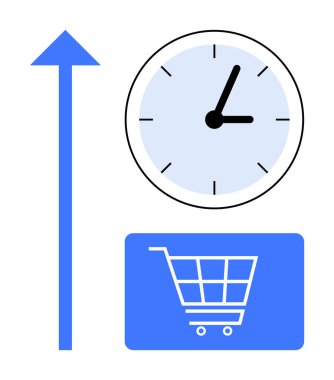 Zamanı temsil eden saat, büyümek için yukarı doğru ok, e-ticareti gösteren el arabası. Zaman yönetimi için ideal, verimlilik, e-ticaret büyümesi, verimlilik, perakende stratejisi, dijital başarı düzlüğü