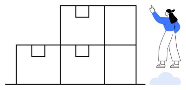Düzenlenmiş kutuları gösteren kişi organizasyonu, envanteri ve lojistik operasyonları sembolize ediyor. Depo, planlama, teslimat, depo, tedarik zinciri verimliliği takım çalışması için ideal. En düşük düz