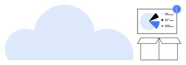 Sanal depolamayı temsil eden büyük bulut, veri pasta grafiği ve finansal görüşleri olan ekran, teslimat veya paylaşıma açık kutu. Teknoloji, iş, depolama, analitik, e-ticaret ve finans için ideal