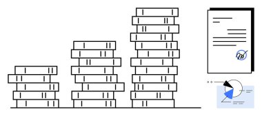 Madeni para yığınları, imzalı bir belge ve pasta grafiğiyle birlikte finansal büyümeyi sembolize eden yükseklikte artar. Finans, yatırım, ekonomi, iş stratejisi, zenginlik planlaması için ideal
