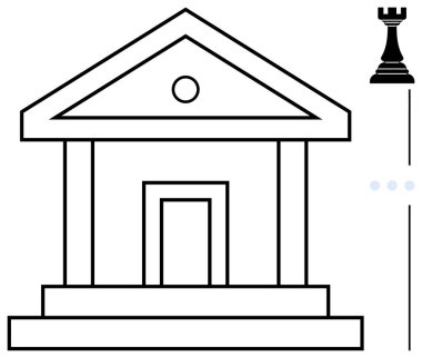 Satranç kalesinin yanındaki hukuk ve yapıyı sembolize eden sütunlarla basitleştirilmiş hükümet binası strateji, mantık ve karar gücünü gösteriyor. Yönetim, strateji, politika ve karar verme için ideal