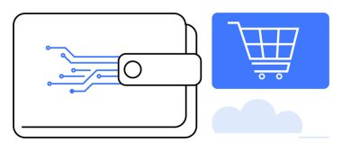 Elektronik devreli cüzdan, mavi alışveriş arabası sembolü ve bulut arkaplanı. Çevrimiçi alışveriş, fintech, ödemeler, e-ticaret, dijital ekonomi, teknolojik yenilik finans uygulamaları için ideal