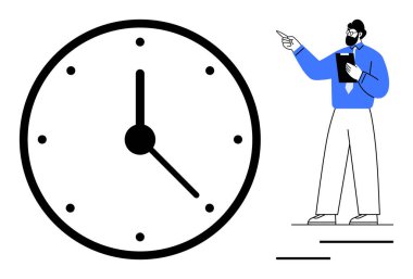 Resmi giyinmiş bir adam, elinde kocaman bir saate doğru jestler yaparak, zaman farkındalığını ön plana çıkarıyor. Zaman, verimlilik, planlama, odaklanma, teslim tarihleri, verimlilik organizasyonu için ideal. Temiz daire