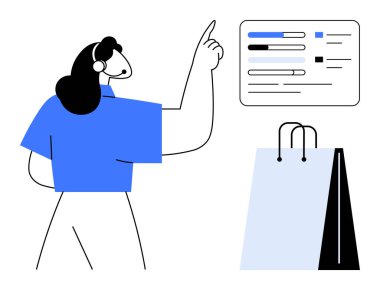 Kulaklık takan kadın alışveriş çantasının yanındaki veri tablosuna bakıyor. E-ticaret, analitik, çevrimiçi alışveriş, perakende trendler, tüketici davranışı, iş anlayışı, düz basit metafor