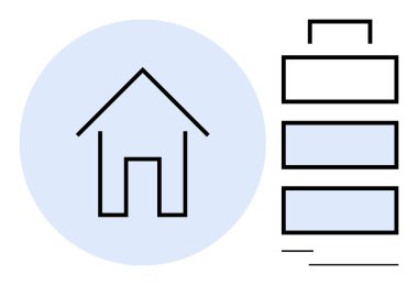 Minimalist ev ana hatlarıyla batarya şekilli enerji depolama çözümleri öneriyor. Sürdürülebilirlik, enerji verimliliği, yenilenebilir enerji, elektrik, akıllı evler, ekolojik yaşam, düz yaşam için ideal