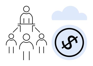 Bulut tabanlı dolar sembolüne bağlı lider takım hiyerarşisinin basitleştirilmiş bir temsili. Liderlik, iş yapısı, finans, takım çalışması, bulut teknolojisi ve yönetim için ideal