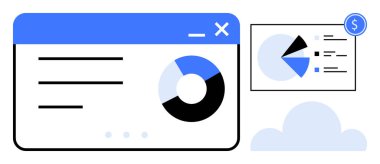 Turta grafikleri, analiz paneli, bulut simgesi ve finansal sembolle veri görselleştirmesi. İş, finans, veri analizi, teknoloji bulut hizmetleri raporlama ve strateji için idealdir. Düz basit