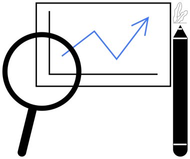 Sunum tahtasında yukarı doğru ok, büyüteç ve gelişim, analitik ve stratejik yenilik öneren kalem grafiği. İş için ideal, veri analizi, planlama, strateji