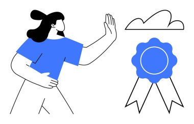 Mavi gömlekli kadın ödül kurdelesi ve bulutuna doğru hareket etmeyi durdurarak reddedilmeyi ya da sınırlarını belirliyor. Sınırlar, karar verme, etik, başarı, seçimler, reddetme, minimalizm için ideal