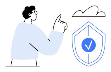 Adam, kalkanın üstündeki buluta doğru işaret işareti ile hareket ediyor. Veri güvenliği, bulut çözümleri, güven, teknoloji, gizlilik koruması, kimlik doğrulama, çevrimiçi güvenlik için ideal. Düz basit metafor