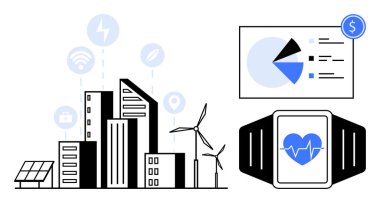 Yenilenebilir enerji kaynaklarına, bağlı sistemlere, pasta grafiği analizlerine ve akıllı bir sağlık monitörüne sahip şehir binaları. Teknoloji, sürdürülebilirlik, sağlık, veri, yenilik için ideal