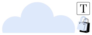 Alışveriş torbası bulut grafiğiyle e-ticaret, çevrimiçi perakende, bulut teknolojisi, dijital depolama, markalaşma, pazarlama, sanal alışveriş, soyut düz metafor için ideal metin simgesi T ile örtüşüyor.