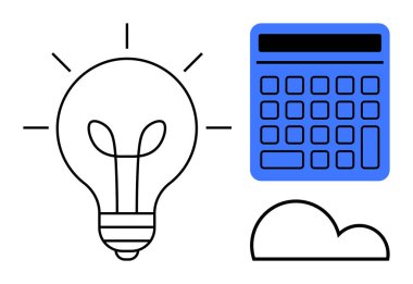 Ampul, hesap makinesi, ve fikirleri, analitiği ve bulut teknolojisini temsil eden bulut. Yenilikçilik, problem çözme, eğitim teknolojisini finanse etme ve beyin fırtınası için ideal. Düz basit metafor