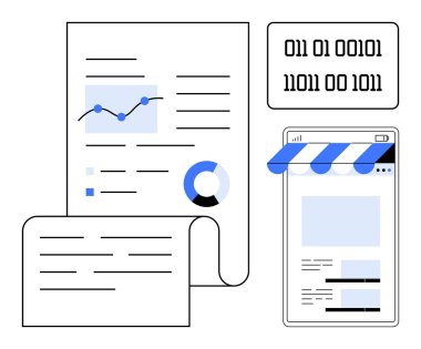 Belgeler üzerindeki analitik grafik ve grafikler, ikili veri, çevrimiçi arayüzlü akıllı telefon. Veri analizi, istatistik, dijital pazarlama, mali rapor, iş stratejisi, yazılım için ideal