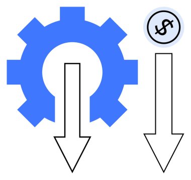 Mavi dişli, aşağı bakan siyah oklar, dolar işareti simgesi. Üretkenlik, verimlilik, maliyet azaltma, otomasyon, optimizasyon iş akışı ve kaynak yönetimi için idealdir. Düz basit metafor