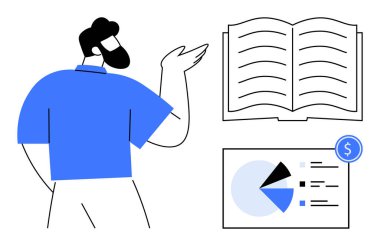 İş adamı grafiksel verileri pasta grafiği ve finansal öngörüleri kullanarak açıklarken yanında açık bir kitap da var. Eğitim, finans, sunum, strateji, araştırma, liderlik için ideal, düz bir metafor