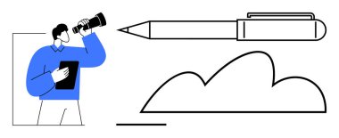 Elinde tablet tutan kişi teleskopla bakıyor, şekillendirilmiş kıvrımlı bulutların üzerinde yüzen büyük bir kalem. Yaratıcılık, keşif, yenilik, planlama, vizyon, yazma hedefleri için idealdir. Düz basit metafor