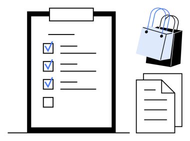 Üç işaretli kontrol listesi ve görevleri temsil eden boş bir kutu. Alışveriş çantaları ve bir yığın belge organizasyonu, verimliliği ve planlamayı sembolize ediyor. Görev yönetimi ve yapılacak ögesi için ideal