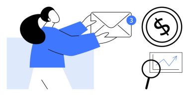 Elinde büyük bir zarf tutan biri. Bildirim rozeti, para ikonu, büyüteç, dosya. Finans, bildirimler, iletişim, e-posta pazarlama, veri analizi para takibi için ideal