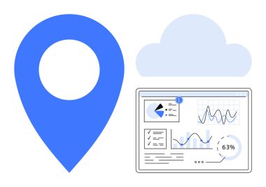 Mavi yer belirleyici, bulut ve haritalı analitik gösterge paneli. Teknoloji, yer belirleme, bulut hesaplama, veri analizi, iş büyümesi uzaktan kumandası için ideal. Düz basit