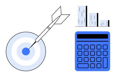 Dart tam isabet, ölçüm çubuğu ve hesap makinesi doğruluğu, planlamayı ve analizi vurguluyor. İş stratejisi için ideal, başarı, hedef belirleme, finansman hedefleme verimliliği düzlüğü