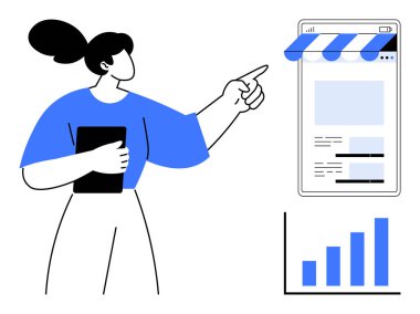 Elinde tablet olan bir kadın e-ticaret arayüzü ile akıllı telefonu işaret ediyor. Yükselen bar tablosu büyümeyi simgeler. İş analizi, e-ticaret eğilimleri, çevrimiçi alışveriş, pazarlama stratejisi için ideal