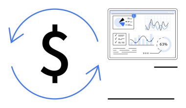 Detaylı analitik gösterge panelinin yanında oklarla çevrili büyük dolar işareti ve grafikleri var. Finans, yatırım, analitik, strateji, ekonomi, eğilimler ve planlama kavramları için ideal