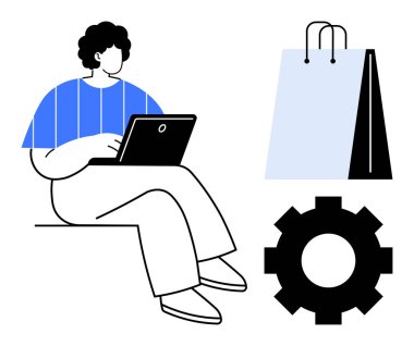 Alışveriş torbası ve vites simgesi dışında dizüstü bilgisayarda çalışan kişi e-ticaret, ayarlar veya optimizasyon sürecini öneriyor. Alışveriş, teknoloji, yenilik, dijital araçlar, iş akışı, pazarlama için ideal