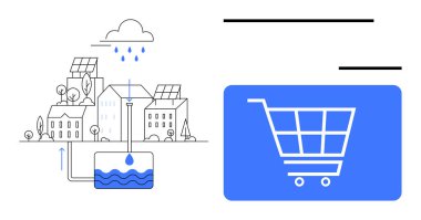Çatısı sistemli ve su deposu dijital alışveriş arabasının yanında toplanan yağmur damlaları. Sürdürülebilirlik, su tasarrufu, kentsel planlama, e-ticaret, çevre dostu
