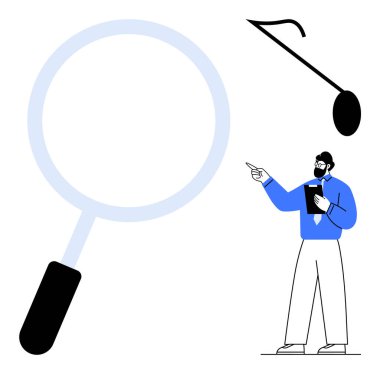 İş adamı, büyüyen bir büyüteç ve müzik notasına işaret ederek, araştırmadaki analizi, odaklanmayı ve yaratıcılığı temsil ediyor. Keşif, araştırma, eğitim ve müzik için ideal